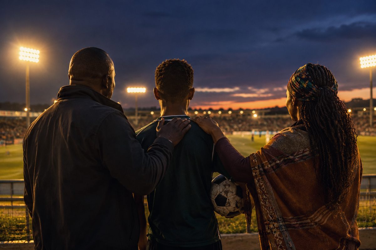 A father and mother with their hands on their son's shoulders, looking out over a floodlit stadium