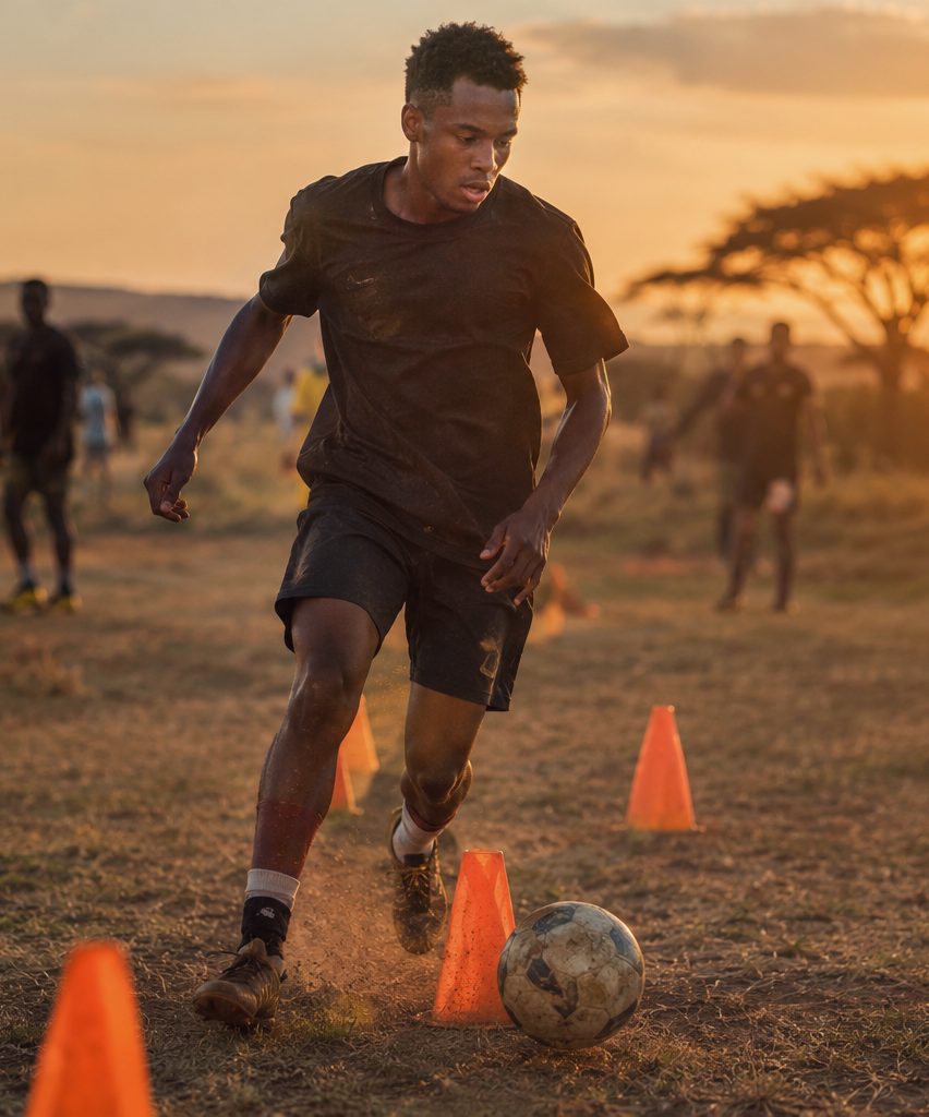 A young footballer dribbling through cones at sunset on an African pitch
